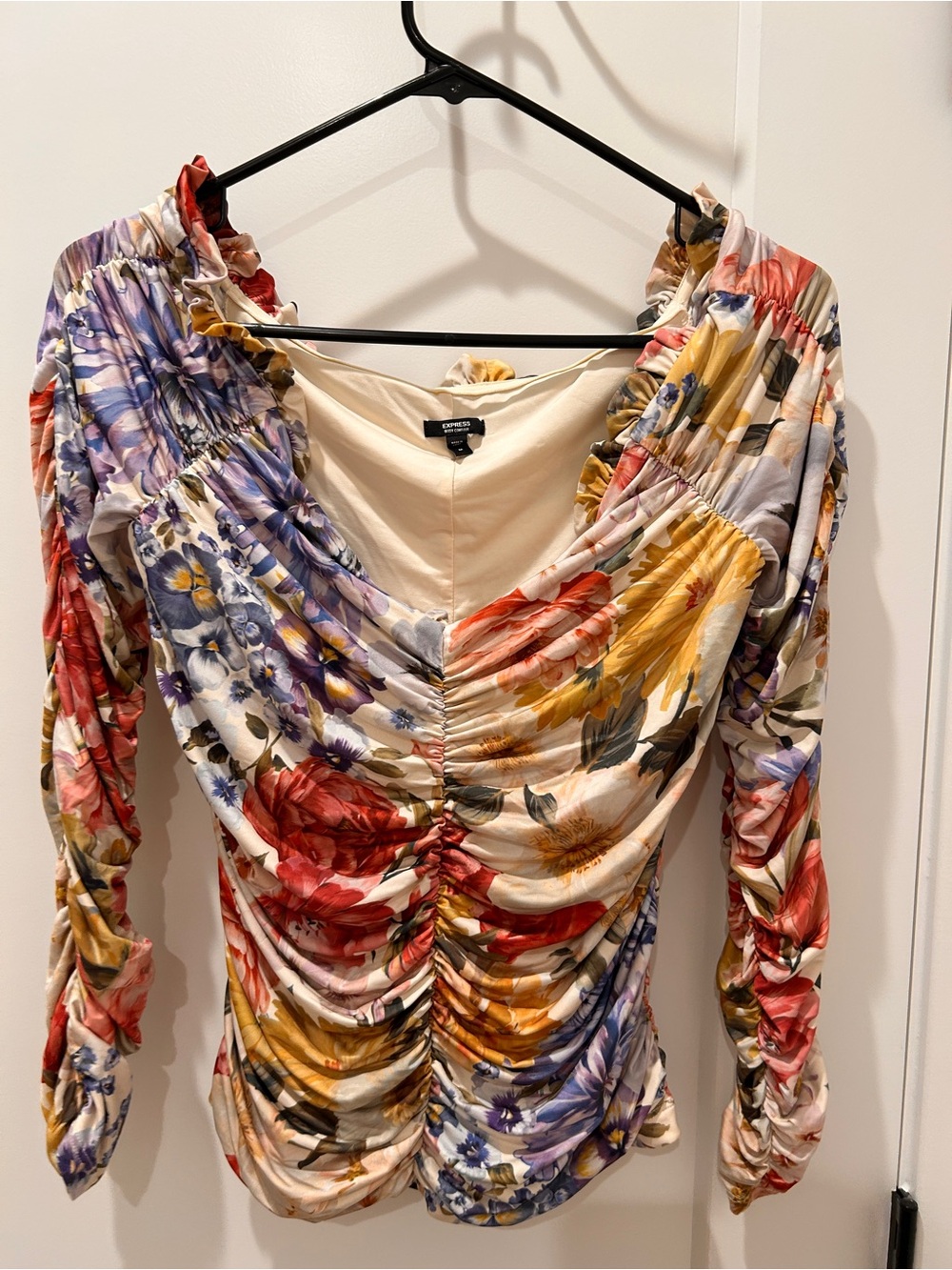 Express Cream Top with Red and Taupe Floral Accents